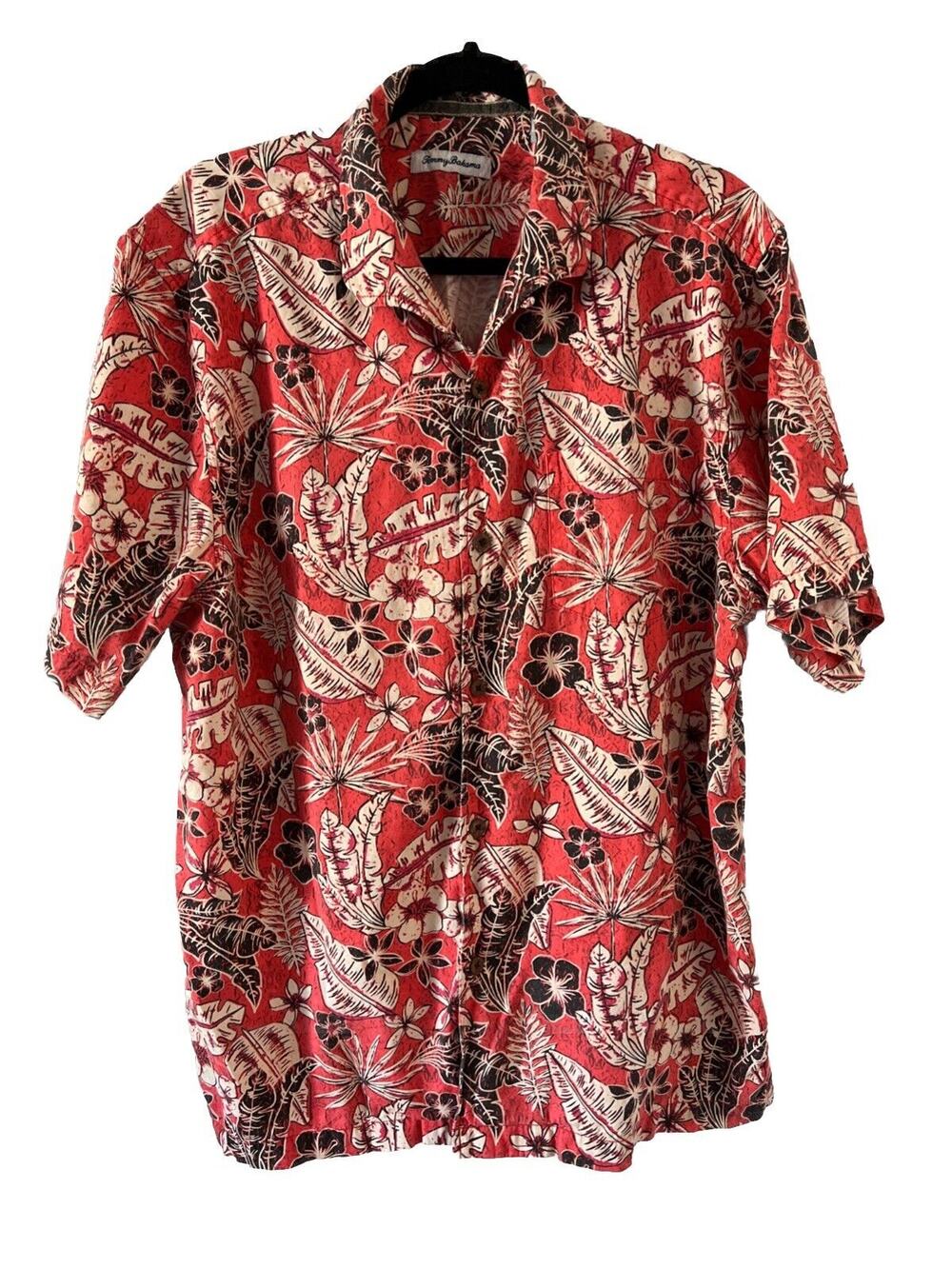 Tommy Bahama Coral Floral Print Hawaiian Shirt Men's Large Pocket Button Front